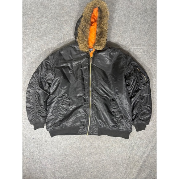Army Navy Mens 3XL Bomber Jacket Black Faux Fur Hood Orange Lining MA-1 Style